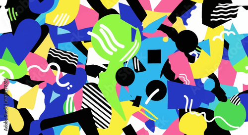 A vibrant and energetic abstract composition featuring a chaotic yet harmonious blend of geometric shapes, lines, and bold colors, evoking a sense of playful creativity and modern design