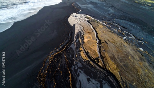 Aerial view showcases a dramatic coastal landscape. A jet-black beach meets a white frothy sea, with a beige and brown riverbed