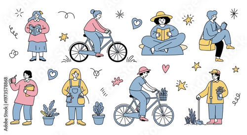 Diverse people enjoying various leisure activities and hobbies, depicted in a whimsical, hand-drawn style