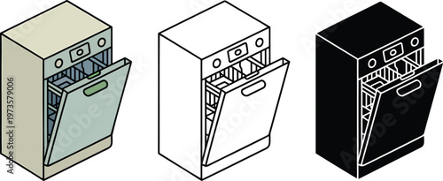 Dishwasher silhouette & Outline and illustration set isolated on transparent background