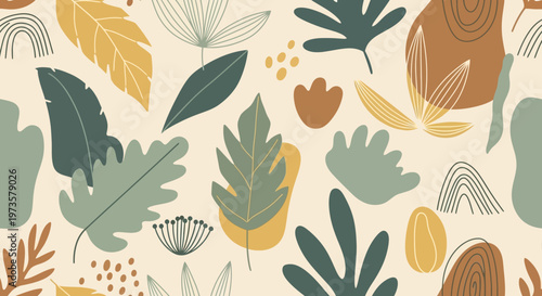 Earthy botanical seamless pattern with modern abstract leaves and organic shapes. Versatile natural background in a soothing palette for contemporary design