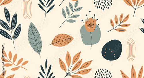 Abstract botanical pattern with warm autumn colors on a light background, seamless textile design