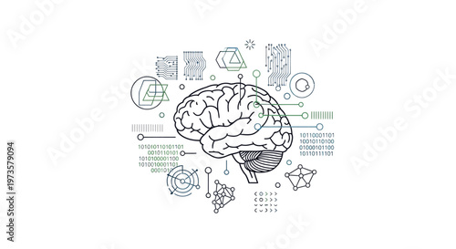 Abstract line art illustration of the human brain with digital data and geometric shapes, symbolizing intelligence, technology, neuroscience, and intricate cognitive functions