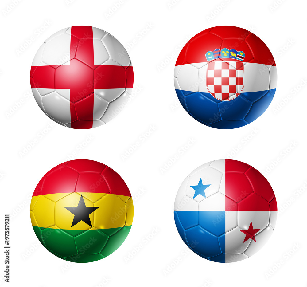 Fototapeta premium Football competition 2026 group L flags on soccer balls. 3D illustration isolated on white background