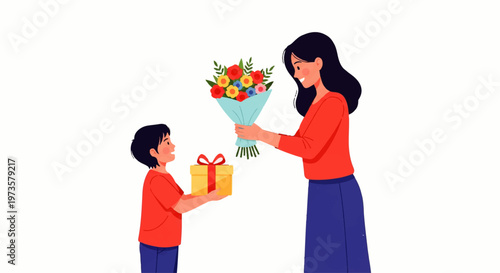 Vector flat design illustration of a loving son giving flowers and a gift to his mother on a special occasion