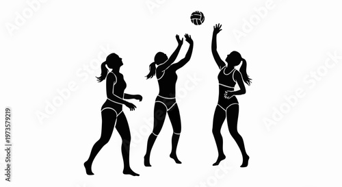 Silhouette of three female volleyball players in action