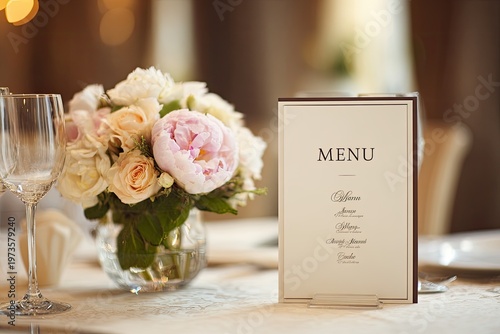 Elegant Wedding Table Setting with Floral Centerpiece and Menu Card.