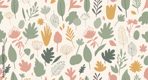Delicate botanical pattern with soft pastel leaves and floral elements on a light background, ideal for textiles and stationery