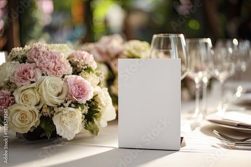 Elegant Wedding Table Setting with Floral Arrangement and Place Card.