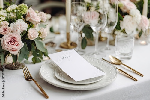 Elegant Wedding Table Setting with Floral Arrangements and Menu Card.