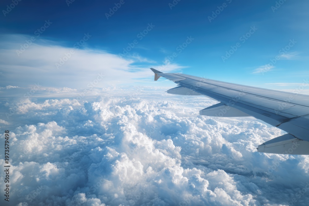 Fototapeta premium View from Airplane Window Above Fluffy White Clouds on a Sunny Day.