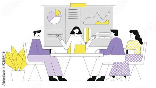 Business meeting, office teamwork, people discussion, presentation graphics