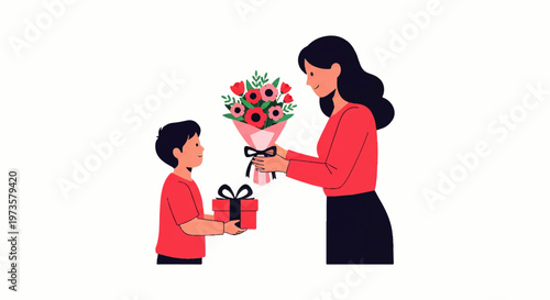 A loving son presents a gift and a bouquet of flowers to his mother in a heartwarming vector flat design illustration