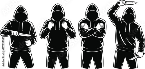 Hooded silhouettes, knife poses, aggressive stance, dark illustration, threatening posture, urban culture, monochrome design, streetwear style, crime concept, confrontation art
