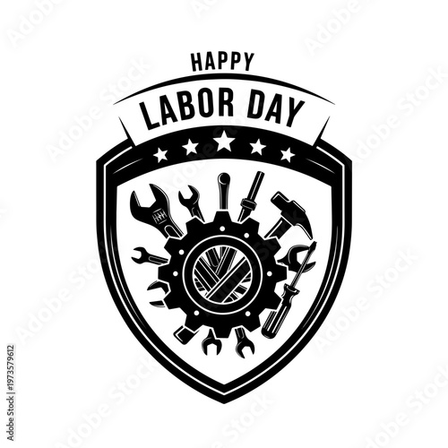 Labor Day Celebration Emblem with Tools and Gears Minimalist Style Energetic Mood.svg