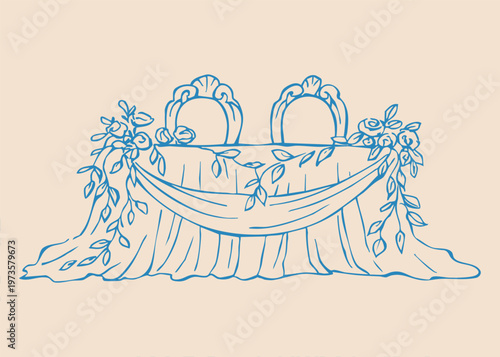 Hand drawn line festive wedding table with flowers 
