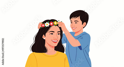 Vector flat design illustration of a young boy placing a flower crown on a smiling woman's head, celebrating