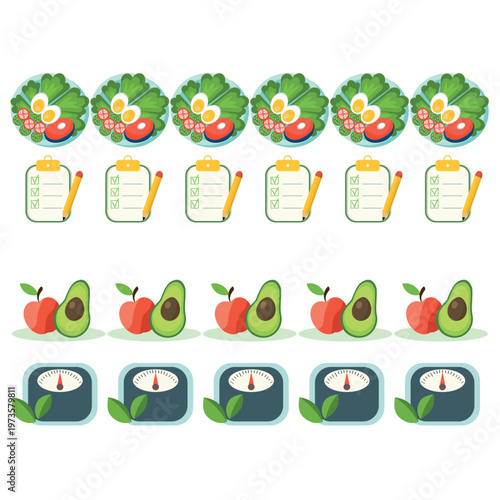 Healthy lifestyle icons and borders set. Vector diet planning elements, salad, clipboard, avocado, and scales for scrapbook, bullet journal, and sketch decorative dividers.