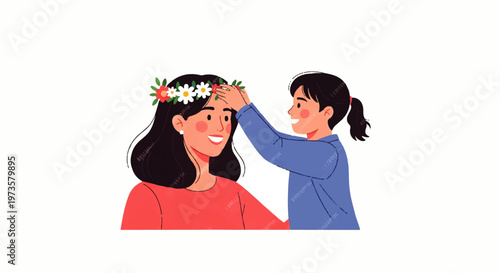 Vector flat design illustration of a young girl placing a flower crown on her mother's head with a loving smile