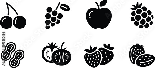Set of fruit and nut icons including cherries grapes apple strawberries tomatoes peanuts and seeds in bold minimalist silhouette style