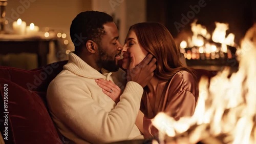 Happy diverse couple embracing by cozy fireplace at home