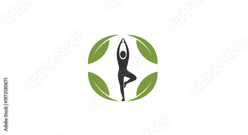 Yoga logo with green leaves and silhouette.