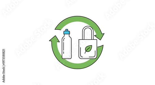 Eco friendly reusable bag and bottle recycling symbol.