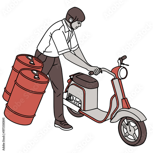 Man pushing red scooter with two red barrels