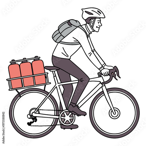 Man riding bicycle with red gas cans