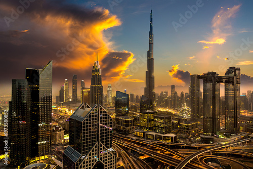 Aerial view of downtown Dubai at night