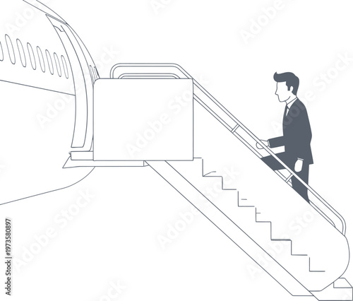 Businessman boards a commercial airplane via portable stairs for an important.