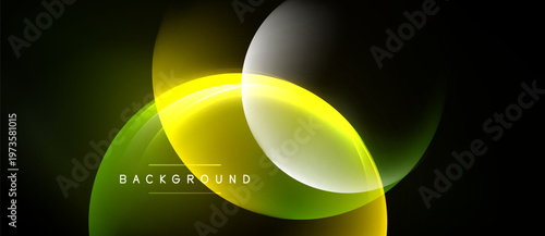 Abstract design features vibrant yellow, green glows over black background. Smooth curves create dynamic visual effect. Text reads background.