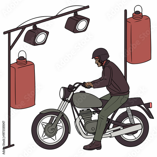 Of a man on a motorcycle at a gas station red gas cans