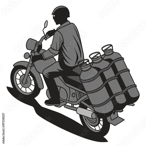 Black and white of a man riding a motorcycle with gas cylinders