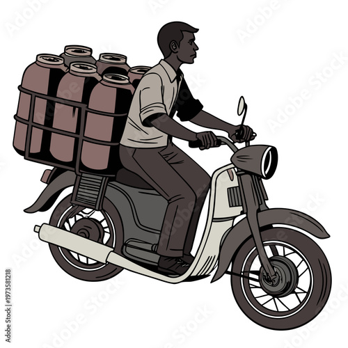 Colorful of a man riding a scooter with gas cylinders