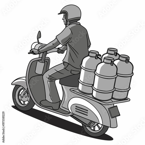 Gray of a man riding a scooter with gas cylinders delivery
