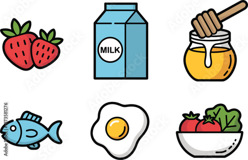 Set of fresh food icons including strawberries milk honey fish egg and vegetables representing healthy nutrition and natural ingredients
