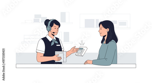 Customer service agent assisting client with payment terminal at counter
