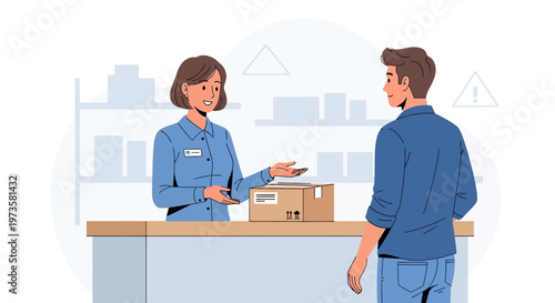 Customer service agent assisting man with package at counter in shipping store