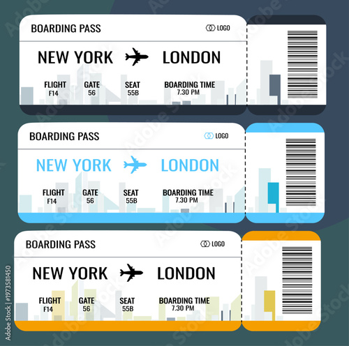 Vector boarding pass templates, travel tickets, New York to London, airline boarding passes, editable ticket designs