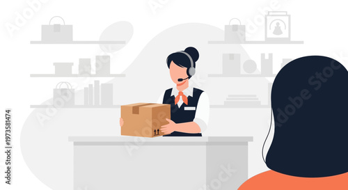 Customer service agent with headset and package at counter, shipping and delivery concept