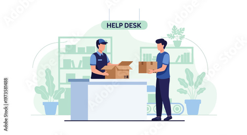 Customer Service Help Desk: Employee Assists Customer with Package Delivery and Support