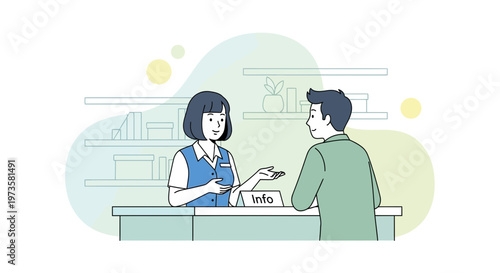 Customer service desk with attendant assisting a man, information counter, friendly interaction