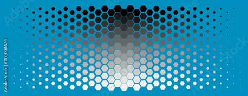 Black seamless hexagonal pattern. Repeating honeycomb texture. Geometric hexagonal halftone background. Retro tech dotted wallpaper. Contrasting minimalism, symmetry, and technological design.