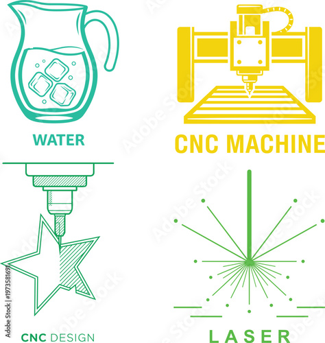 CNC Machine and Laser Technology Icon Set – Milling Engraving, Laser Beam and Water Jug Minimal Vector Illustration