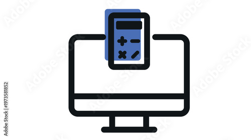 Online accounting and financial calculation icon: desktop computer with calculator, fintech blue offset fill and black line vector illustration.