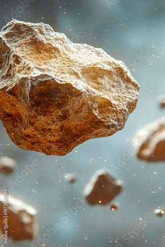 A group of rocks soaring through the air, suspended in mid-air. vertical frame