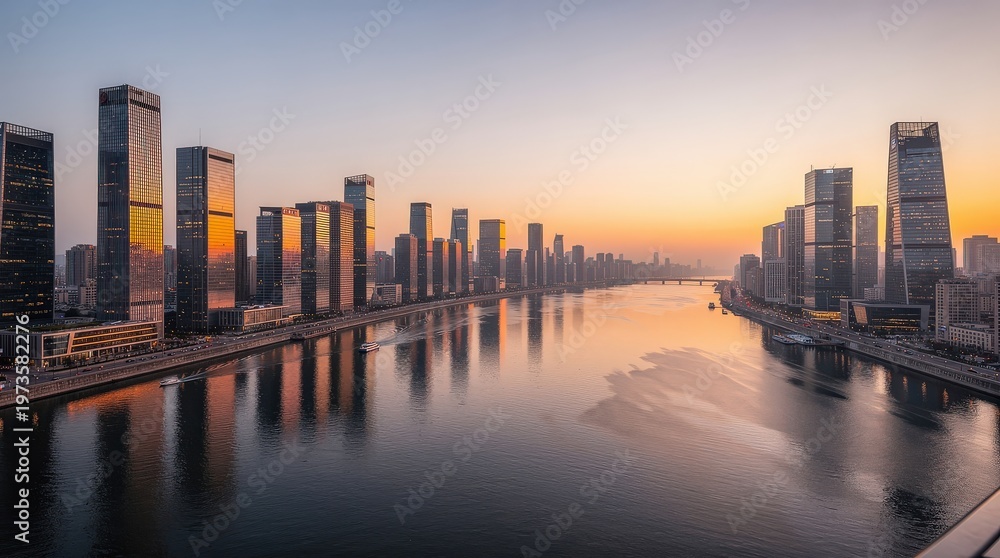 Fototapeta premium A stunning cityscape at sunset featuring skyscrapers lining a wide river with calm reflections and a warm, colorful sky.