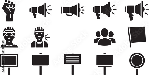 Strike and protest symbols vector icons collection featuring clenched fist megaphones picket signs demonstration flag and crowd of activist people