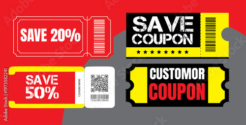 Discount coupons, save money tickets, voucher labels, promotional tags, yellow and red discount labels